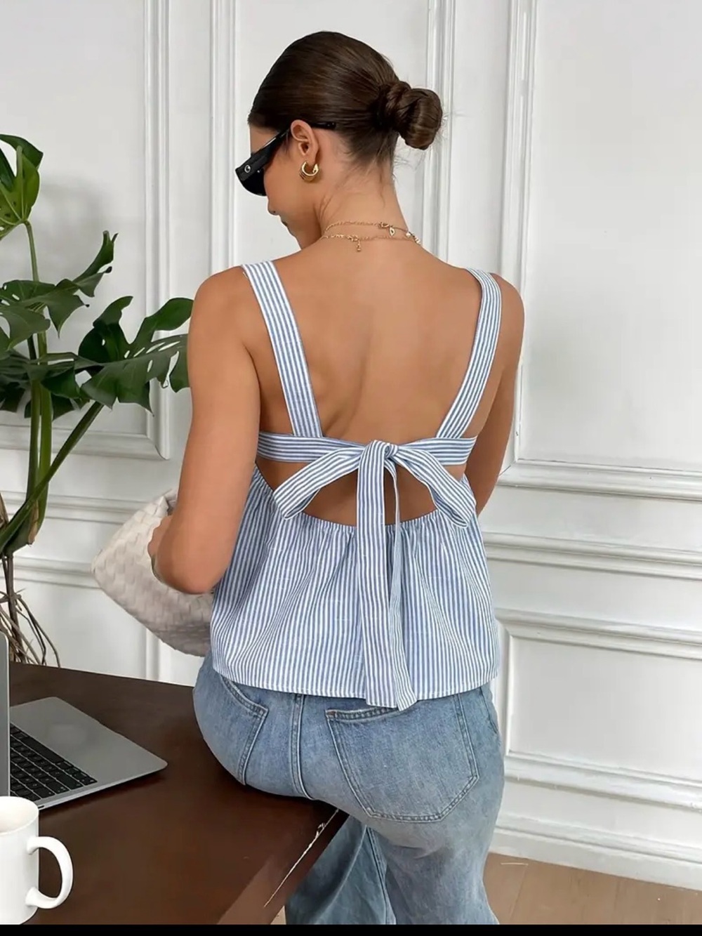 Sleeveless Blue Striped Peplum Top - Brand Unspecified